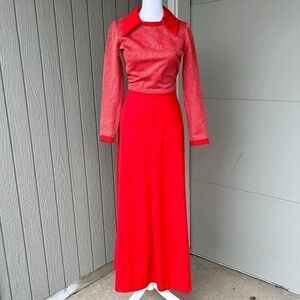 Vintage 1970s Red Glitter Knit Maxi Dress Dramatic Collar Disco XS/S